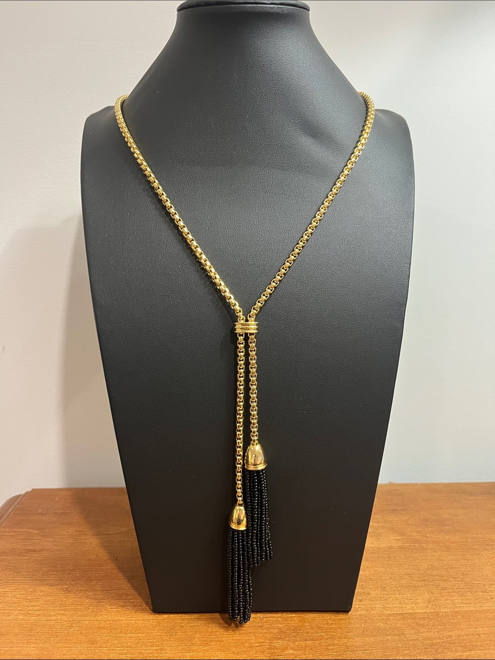 J.Crew Gold Tone Lariat Necklace with Black Seed Bead Tassels